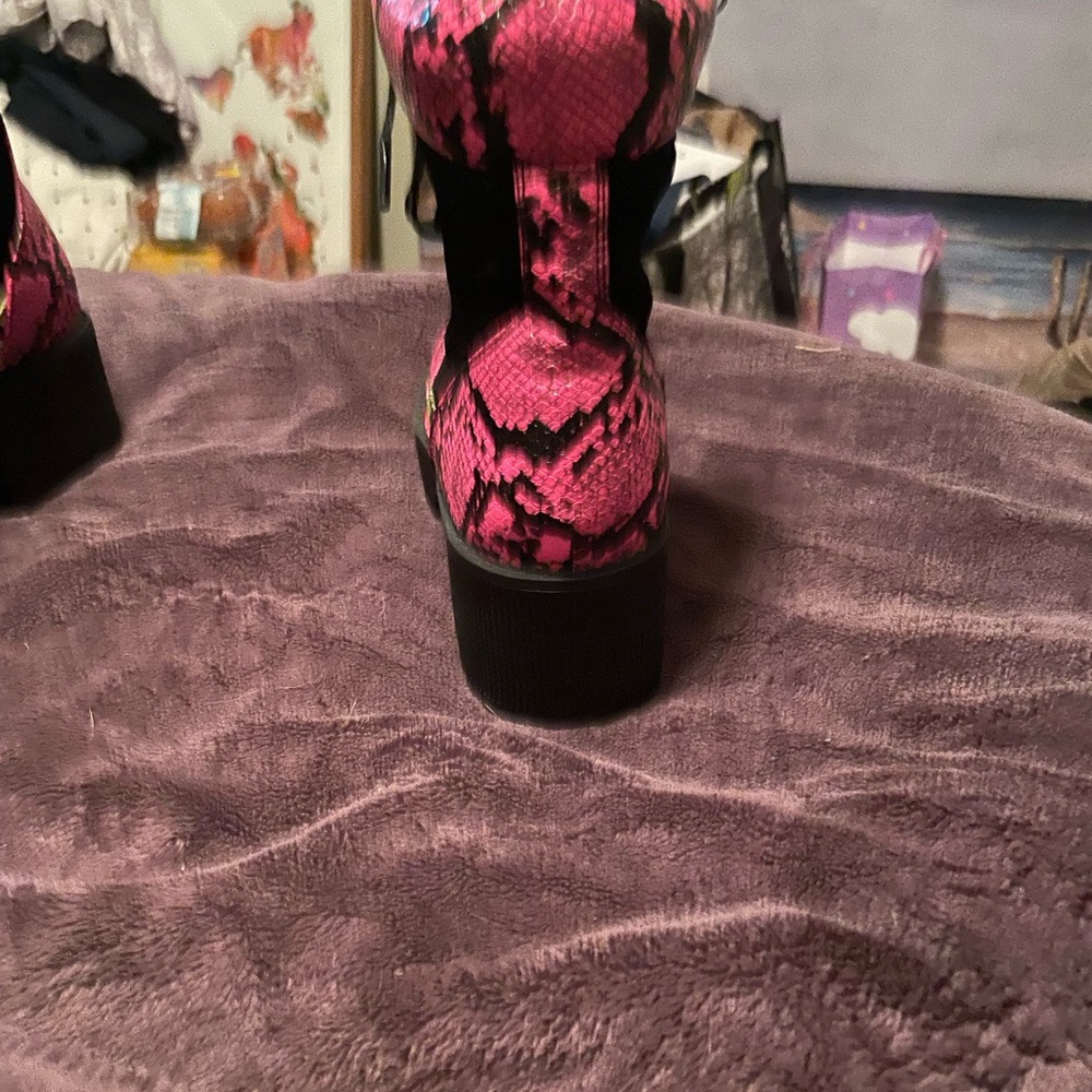 Vivianly Black and Pink Snake Print Combat Boots - Picture 4 of 5